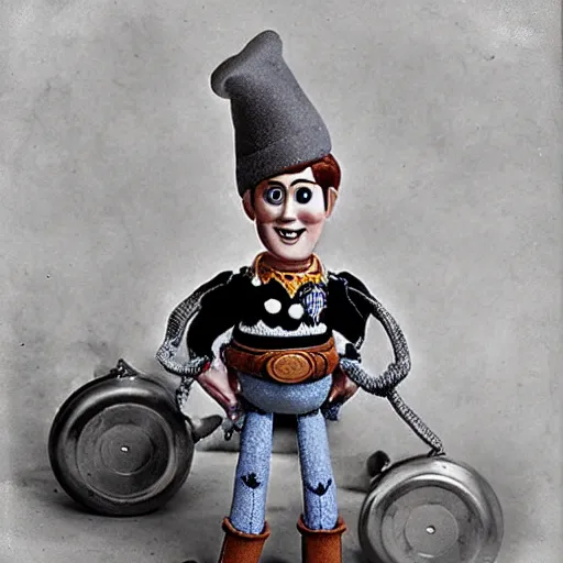 Image similar to toy story doll spider as a dnd gnome, steam punk style, 1920s photograph