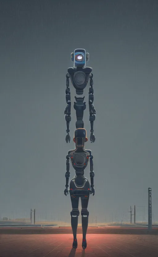 Prompt: Woman standing before a huge robot, highly detailed, digital art, in the style of Simon Stålenhag, trending on artstation, matte painting, accurate anatomy, elegant, concept art, sharp focus, 4k