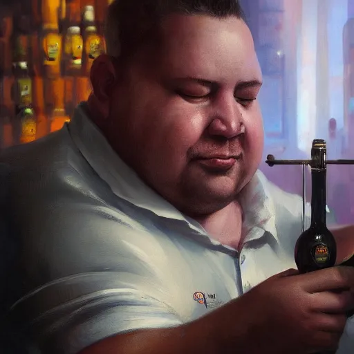 Prompt: closeup portrait of an overweight barkeeper with an artificial arm, ratz, neuromancer, bar background, painted by greg rutkowski, painted by igor kieryluk, high detail, dramatic light, digital art, trending on artstation