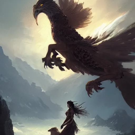 Prompt: asian woman holding an eagle on a horse chasing a wolf, greg rutkowski, fantasy, intricate, elegant, highly detailed, digital painting, artstation, concept art, long shot, cinematic lighting