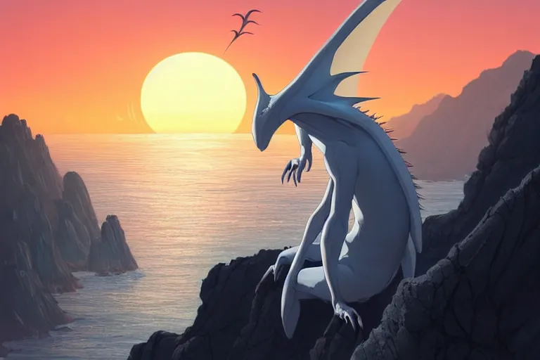 Image similar to a closeup of a large smooth skinned white creature hybrid pterosaur alien, small quills along it's back, long fangs, sitting on a cliff high in the sky, sunset, backlit, beautiful composition, over a rocky shore, jagged rocks in the far distance, by makoto shinkai an krenz cushart