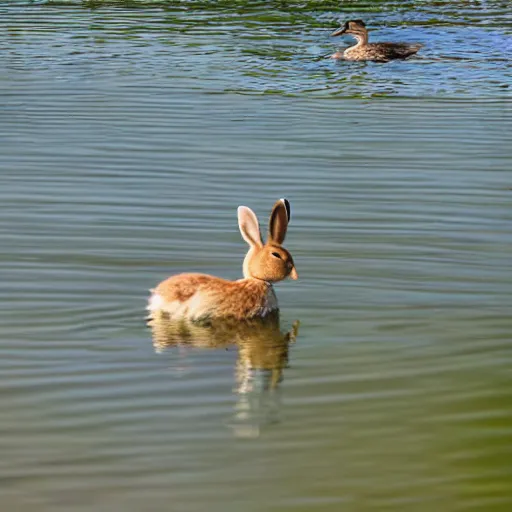 Prompt: high detailed photo of a rabbit relaxing at a nearby lake with a duck floating by.