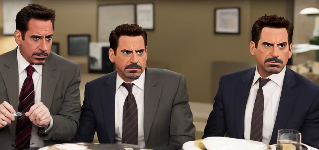 Image similar to a very high resolution image of tony stark with micheal scott. from an episode of the office. photorealistic, photography