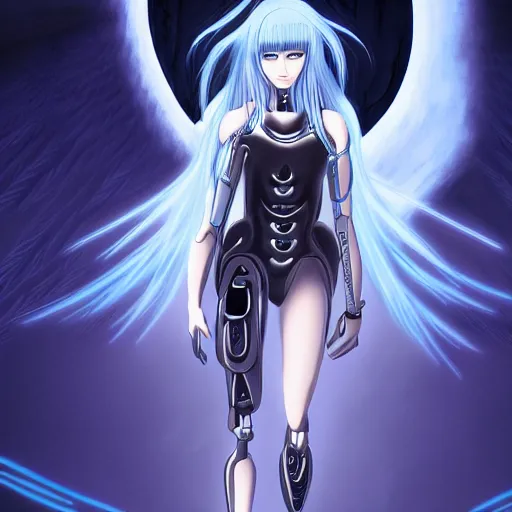 Image similar to 2D movie still, a beautiful cinematic female cyborg angel , fantasy magic, short aqua blue black fade hair, dark light night, highly detailed, advanced digital anime art, concept art, masterpiece by Junji Ito and Sakimimichan