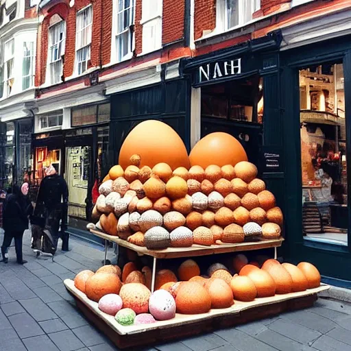 Prompt: “a shop called NAHHH selling giant eggs on Marylebone High St”