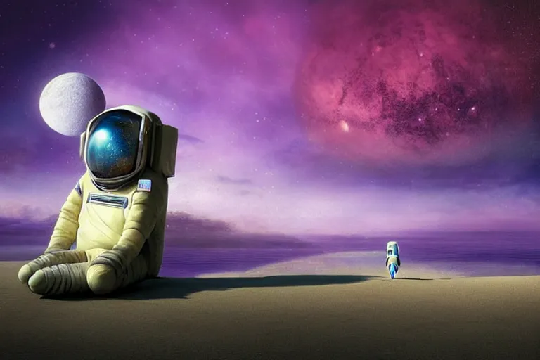 Image similar to gediminas pranckevicius astronaut sitting at the beach next to his spaceship on a pink, blue, purple alien planet watching the sunset, surreal photography, dark night, stars, planets, moon light,