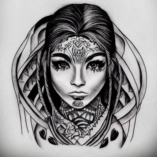 Image similar to tattoo design of a beautiful girl face, above the girls head there is a tiger head, hyper detailed, in the design of eliot kohek