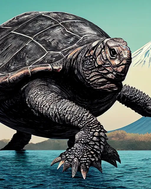 Image similar to full body photos of Gamera, the giant Turtle kaiju monster with Mount Fuji in the background, cinematic style, atmospheric, Japan, hyperreal