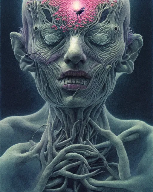 Prompt: portrait, descending into ethereal madness, flowers by wayne barlowe, toru kamei zdzisław beksinski, tanaka suguru, itsuko azuma, kinuko y. craft, mysterious, aesthetic!!! hyper detailed