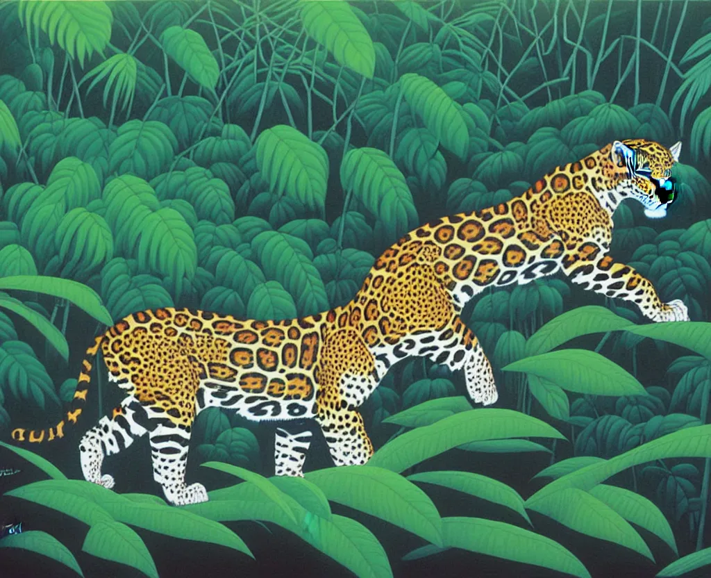 Prompt: a painting of a jaguar in a dark misty jungle. Painted by Hiroshi Nagai. Aesthetics of Hiroshi Nagai