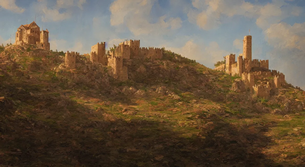 Image similar to a landscape painting of a byzantine castle, trending on artstation