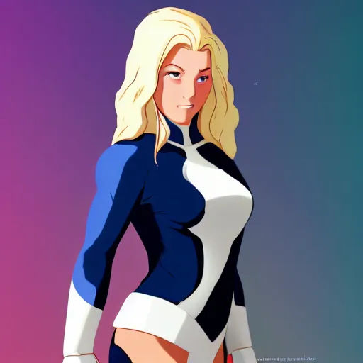 Prompt: a beautiful pin - up portrait of a beautiful cute superhero woman, blonde hair, matte navy - blue bodysuit, white cape, avatar the last airbender, legend of korra, 8 k, cinematic lighting, hd, high details, dramatic, trending on artstation, view from below