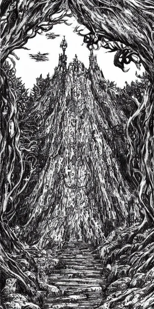 Prompt: a dark tower on a hill surrounded by a dark forest , high fantasy, drawn by Kentaro Miura, Tarot card