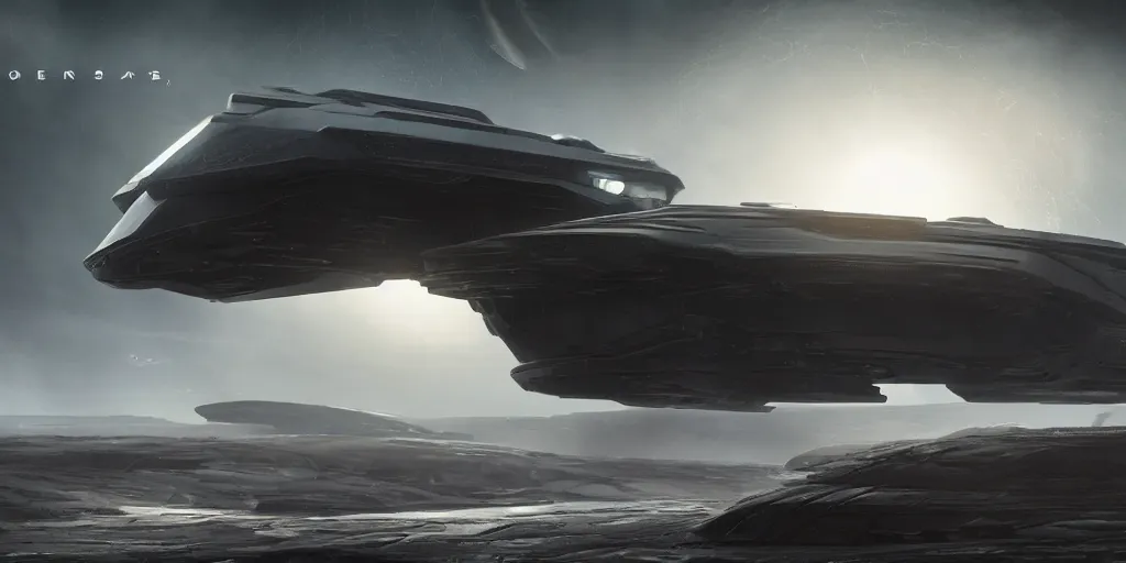 Image similar to a large detailed halo and homeworld spaceship detailed with streamlined design, elegant and beautiful very large and long floating over a barren dry land with an epic cloud formation on the background by James Paick and raphael lacoste , very detailed, octane render, 8k, scary and brooding, scary and dark, canon 24mm lens