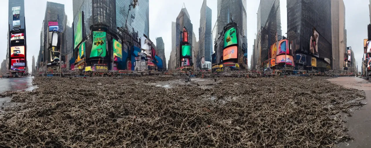 Prompt: times square after the oceans rise. The whole city is deep under water. Seaweed growing here or there, schools of fish glitter in the gloom. Rusted cars make a home for coral. Panoramic view