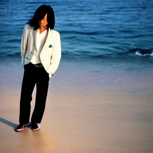 Image similar to japanese man with long hair in a suit standing in the ocean looking at the camera, wide shot, sunset, album cover, 1980, tatsuro yamashita