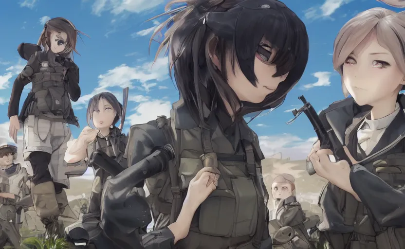 Image similar to panoramic view, girl, soldier clothing, battlefield in background, anime style, short hair, hair down, real face, realistic anatomy, symmetrical facial features, from arknights, hyper realistic, 4 k, extreme detail, detailed drawing, trending artstation, safebooru, realistic lighting, by alphonse mucha, greg rutkowski, shoulder eyes, backlit