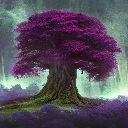 Prompt: a big tree on a mountain with purple leaves and some leaves falling retro digital painting, artstation, concept art, soft light, hdri, smooth, sharp focus, illustration, fantasy, intricate, elegant, highly detailed, D&D, matte painting, in the style of Greg Rutkowski and Alphonse Mucha and artemisia, 8k, highly detailed, jurgens, rutkowski, bouguereau, pastoral, rustic, georgic