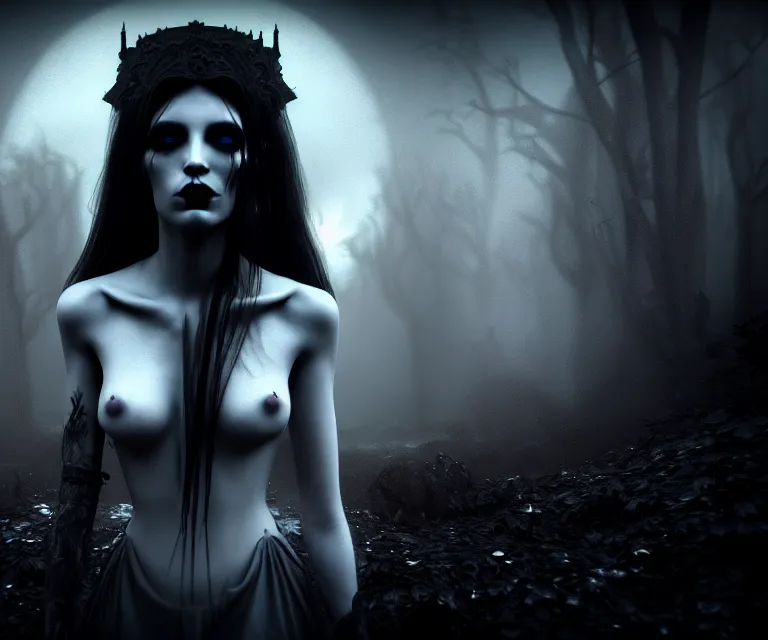 Prompt: stunning otherworldly gothic goddess of beauty, dark and mysterious, atmospheric, ominous, eerie, cinematic, epic, 8 k, 4 k, ultra detail, ultra realistic, rendered by awesomeness