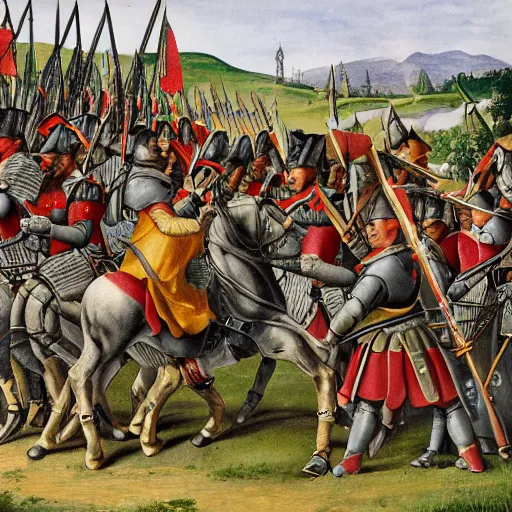 Prompt: Battle of Pavia in 1525, Landsknecht vs Swiss pikemen