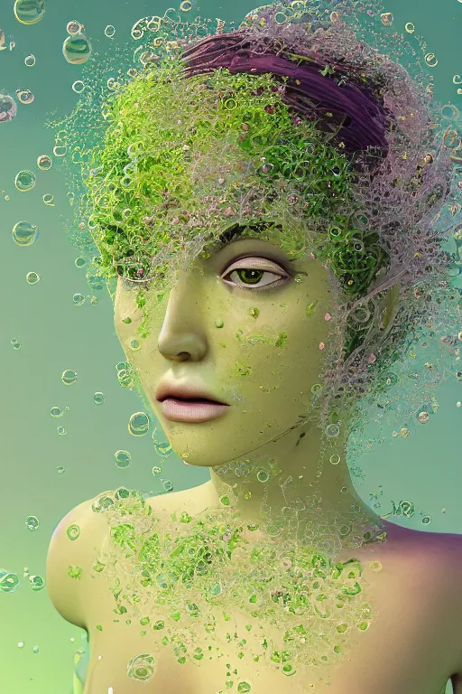 Image similar to transcending yesterday's self, vine headdress, moss patches, 2 0 mm, with pastel yellow and green bubbles bursting, voronoi, melting into lilligant, delicate, beautiful, intricate, houdini sidefx, by jeremy mann and ilya kuvshinov, jamie hewlett and ayami kojima, bold 3 d