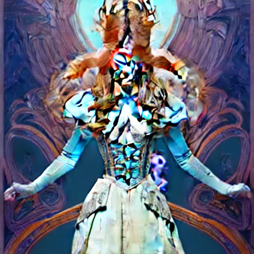 Image similar to movie poster of \'alice in wonderland\', wearing blue and white armor, fantasy, intricate, elegant, highly detailed, digital painting, artstation, concept art, smooth, sharp focus, illustration, art by Fernanda Suarez and Artem Demura and alphonse mucha