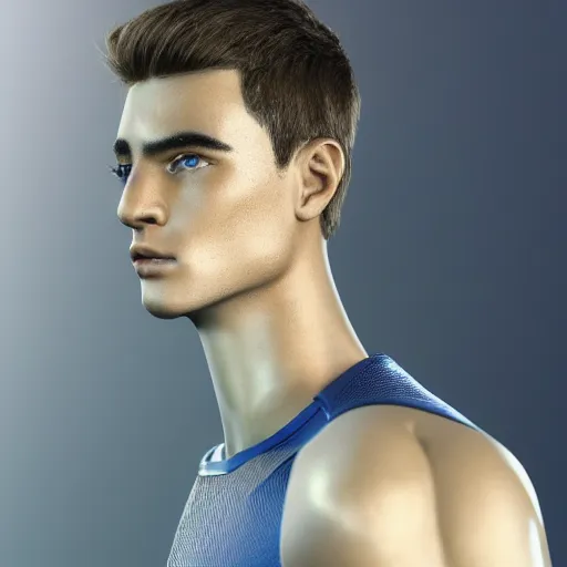 Image similar to a realistic detailed photo of a guy who is an attractive humanoid who is half robot and half humanoid, who is a male android, attractive and handsome soccer players, shiny skin, posing like a statue, blank stare, in a factory, on display, showing off his muscles, wearing soccer shorts, side view, looking at each other mindlessly