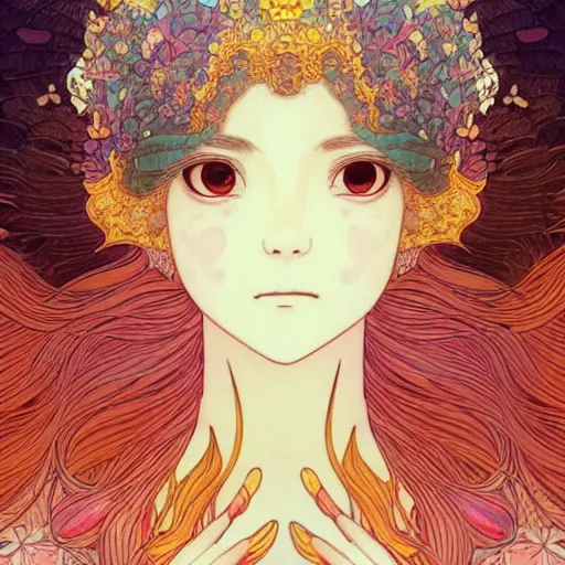 Image similar to a beautiful exquisite delicate hyperdetailed character design 4 k wallpaper illustration of a phoenix princess, victo ngai style, finely detailed perfect face delicate features directed gaze, style of studio ghibli, makoto shinkai, raphael lacoste, louis comfort tiffany, denoise, deblurring, artgerm, james jean, ross tran, alphonse maria mucha, chinese style