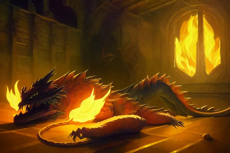 Image similar to anime key visual of majestic prismatic dragon sleeping in a treasury of gold and treasure, great dwarven halls lit by cauldrons of fire, high fantasy, style of jamie wyeth james gilleard edward hopper greg rutkowski acrylic painting, preserved museum piece, historical