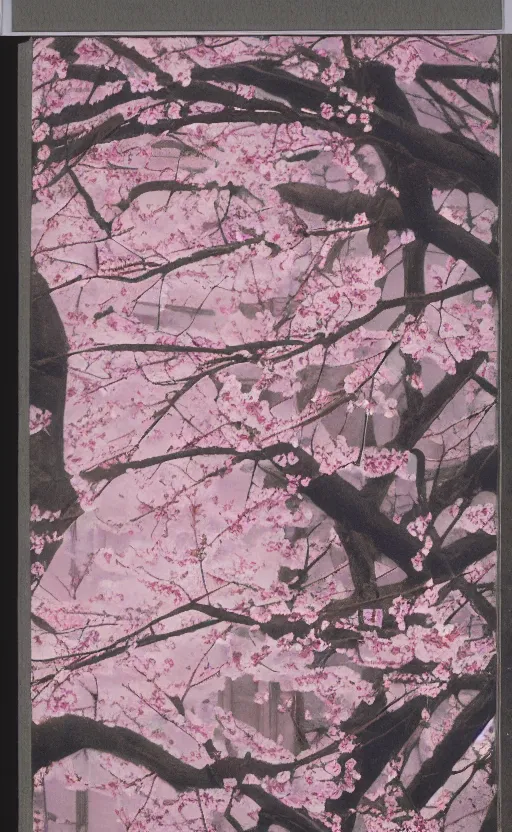 Prompt: by akio watanabe, manga art, the light pink and silver curtains of a theatre, cherry blossoms falling from top, trading card front