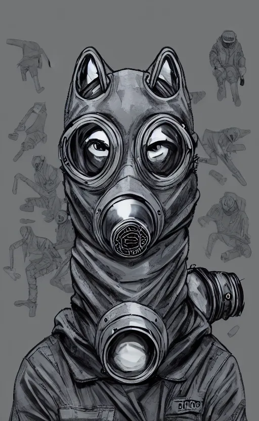 Prompt: wolfs gang, grey blue hoodie, group photo, punk art, warehouse, weapon, drugs, flex box position, grey bandana, gasmask, wolf mask, fiction, stability, intricate, elegant, 8 k, uhd, justify, artstation, concept art, matte, sharp focus, illustration, consistent, highly detailed object content, proportional object content