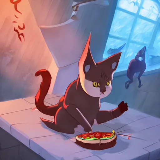 Image similar to scared cat running away from the carnivorous sandwich, artstation hq, dark phantasy, stylized, symmetry, modeled lighting, detailed, expressive, created by hayao miyazaki