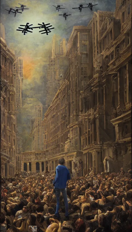 Image similar to crt drones fly above, detailed painting of a man standing in a city with his eyes open but everyone else has their eyes closed