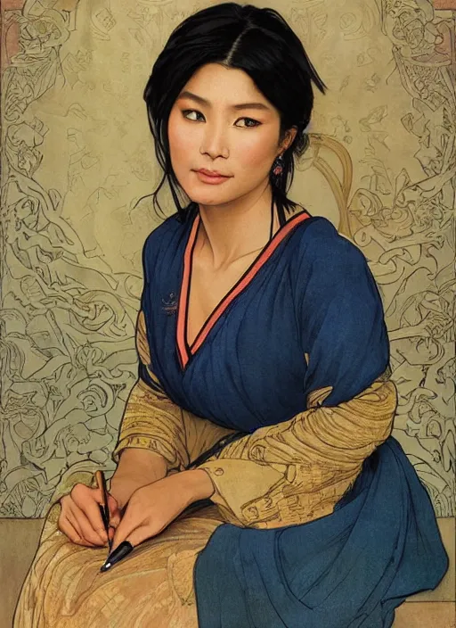 Image similar to a painting of a beautiful 35 year old Asian woman with tanned skin and traditional dress with very long sleeves. She is holding a pen and looking at the viewer and her expression is stern and piecing. by Artgerm and Greg Rutkowski and Alphonse Mucha, dramatic studio lighting