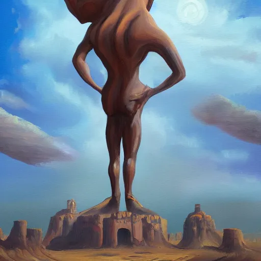 Prompt: panorama of giant human statue carrying a city on its back walking through a desert, oil painting, by lois van baarle