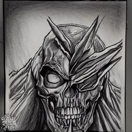 Prompt: black pen sketch of a superman zombie skull, the desert is in color pencil, elephant skull, pencil, intermediate art, paper art, pencil, bold lines, humans with apocalypse clothes on in the background, by a oil painter