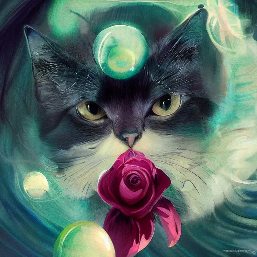 Prompt: elokitty, cat. digital painting, extremely detailed masterpiece, Trending on Artstation, DeviantArt, cinematic lighting, dreamscape maximized, ethereal bubbles, vibrant mood, rose tones, concept art, smooth illustration, —h 1024