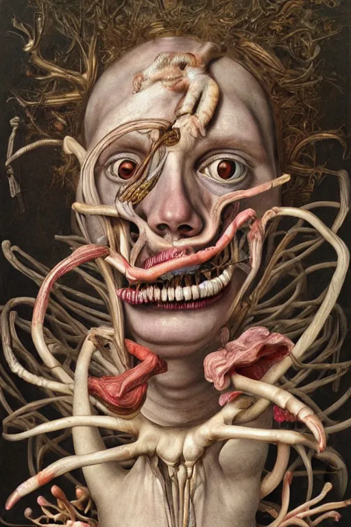 Prompt: Detailed maximalist portrait of a greek god with large lips and eyes, scared expression, botanical anatomy, skeletal with extra fleshy limbs, HD mixed media, 3D collage, highly detailed and intricate, surreal illustration in the style of Jenny Saville, dark art, baroque, centred in image