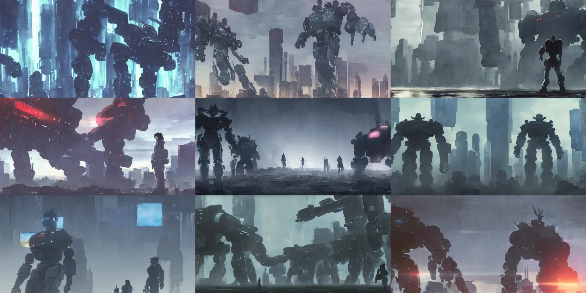 Prompt: incredible wide screenshot, ultrawide, simple watercolor, rough paper texture, katsuhiro otomo ghost in the shell movie scene, backlit distant shot of a giant robot invasion side view, robots fight, mecha, geiger, tubes, robot arms, robot legs, robot eyes, robot head, robot shadow, shadow of the colossus, robot crusher, robot stomp, panic, looking up, yellow parasol in deserted dusty shinjuku junk town, broken vending machines, bold graphic graffiti, old pawn shop, bright sun bleached ground, mud, fog, dust, windy, scary robot monster lurks in the background, ghost mask, teeth, animatronic, black smoke, pale beige sky, junk tv, texture, shell, brown mud, dust, tangled overhead wires, telephone pole, dusty, dry, pencil marks, genius party,shinjuku, koju morimoto, katsuya terada, masamune shirow, tatsuyuki tanaka hd, 4k, remaster, dynamic camera angle, deep 3 point perspective, fish eye, dynamic scene