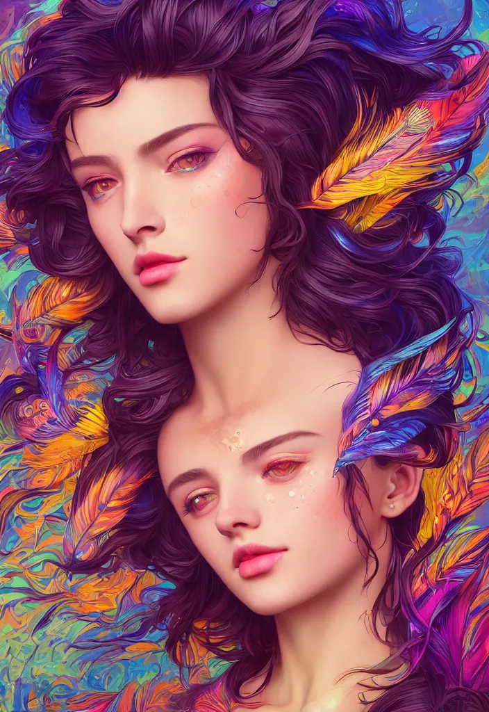 Image similar to beautiful, young woman, detailed gorgeous face, vaporwave aesthetic, synthwave, colorful, psychedelic, water droplets, feathers, crown, artstation, concept art, smooth, extremely sharp detail, finely tuned detail, ultra high definition, 8 k, unreal engine 5, ultra sharp focus, illustration, art by artgerm and greg rutkowski and alphonse mucha