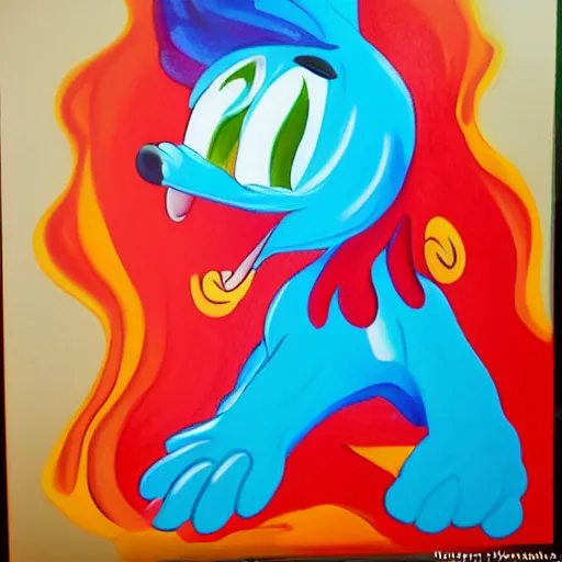 Prompt: silly fire cartoon character in the style of Disney Fantasia, painted in fluid acrylics