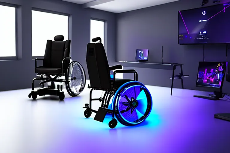 Image similar to game wheelchair with rgb, studio shooting, many details, high quality, 8 k
