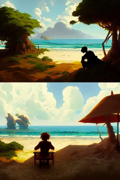 Image similar to baroque oil painting of anime key visual concept art of doom guy relaxing in a beachside resort, acrylic painting, trending on pixiv fanbox, palette knife and brush strokes, style of makoto shinkai jamie wyeth james gilleard edward hopper greg rutkowski studio ghibli genshin impact