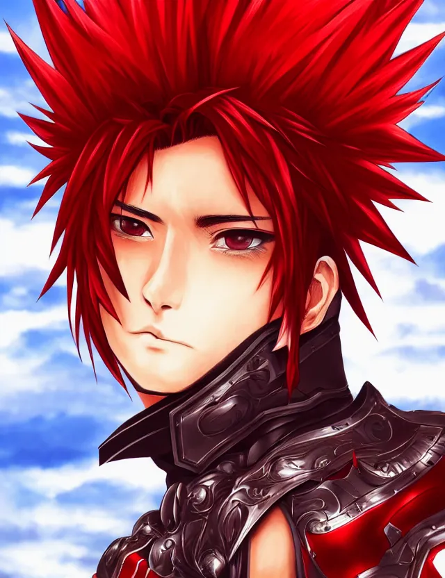 Image similar to a detailed manga portrait of a handsome man with spiked crimson hair in fiery crimson crystalline armour, trending on artstation, digital art, 4 k resolution, detailed, high quality, sharp focus, hq artwork, coherent, insane detail, character portrait