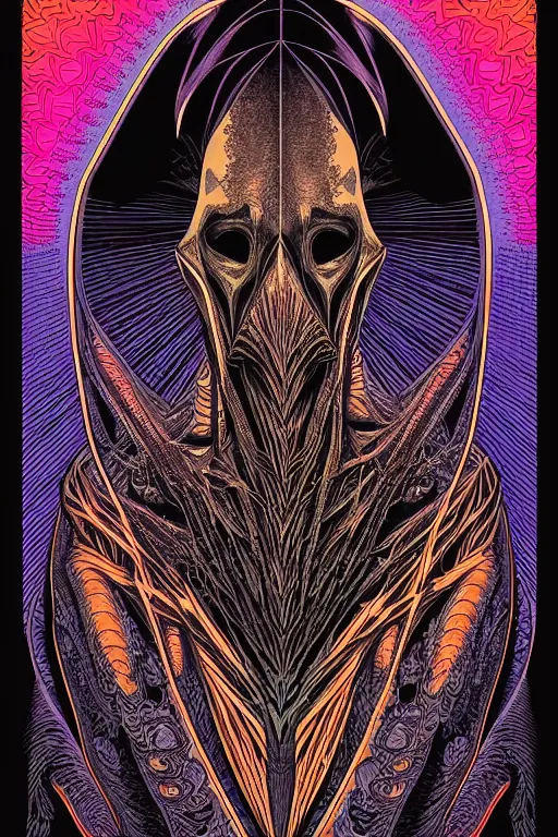 Prompt: portrait of black and psychedelic grainshading print by dan mumford, moebius, goblinko, richard corben, wayne barlowe, heavy metal comic cover art, psychedelic triangular skeleton, very intricate, thick outline, full body, symmetrical face, long black crown, in a shapes background, galactic dark colors