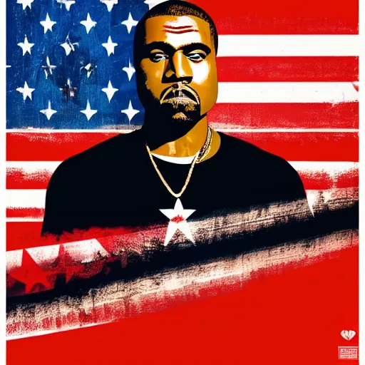 Image similar to Russian Propaganda Soviet screen-print shepard fairey illustrated poster of Kanye West as President standing in front of a USA America flag