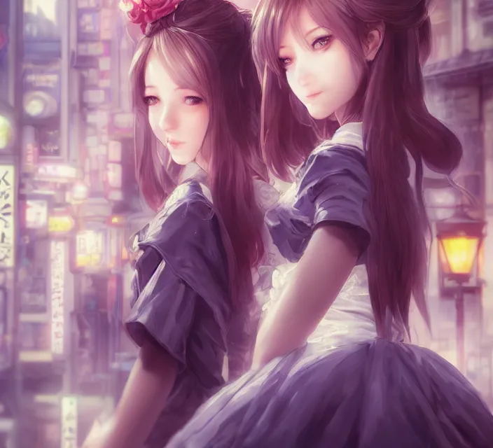 Prompt: cute friendly maid in akihabara by charlie bowater and titian and artgerm, intricate, face, japanese akihabara street cityscape, elegant, beautiful, highly detailed, dramatic lighting, sharp focus, trending on artstation, artstationhd, artstationhq, unreal engine, 4 k, 8 k