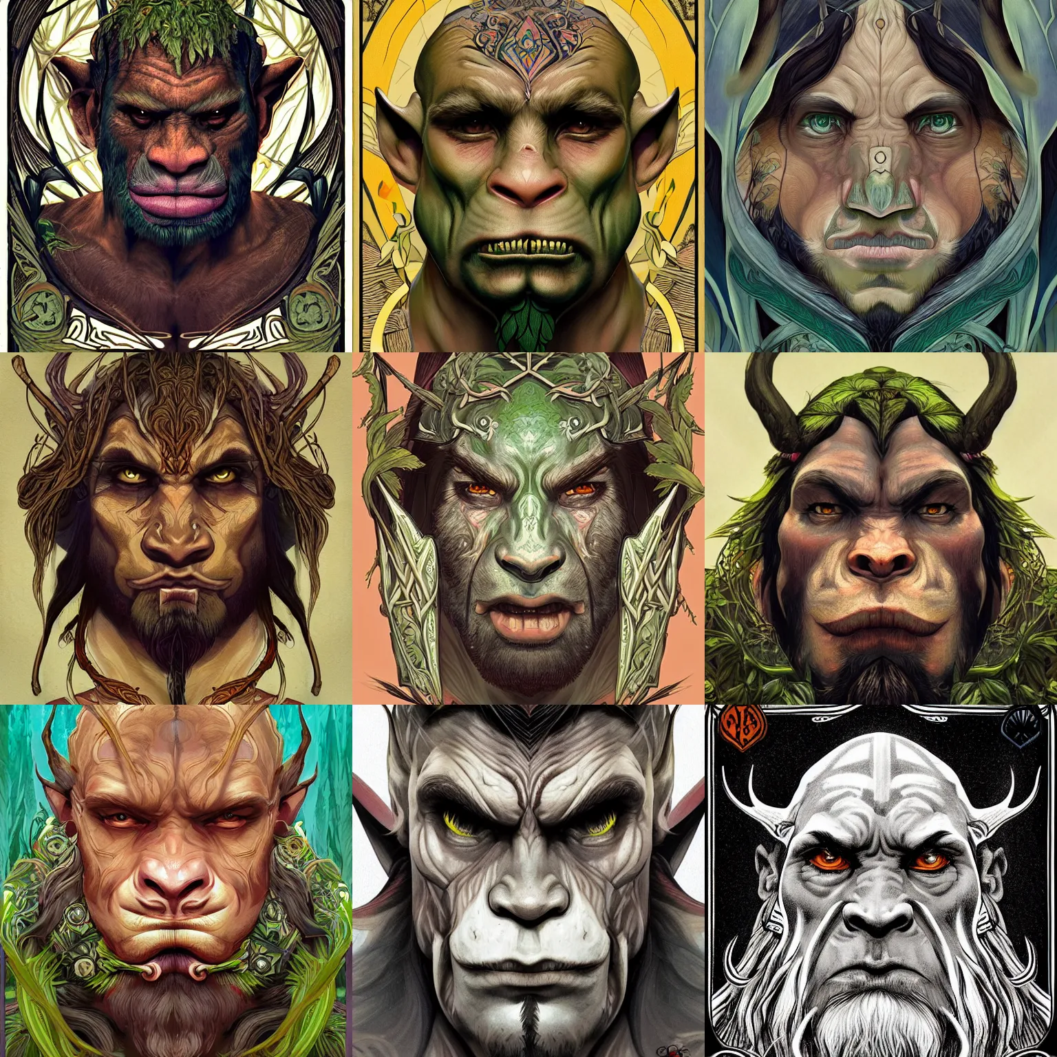 Prompt: head-on symmetrical centered painted portrait, D&D male orc forest druid, art nouveau, tarot card style, tarot card style, fantasy, intricate, elegant, highly detailed, smooth, sharp focus, illustration, artstation, in the style of Artgerm and Anna Podedworna and Alex Ross and Mucha