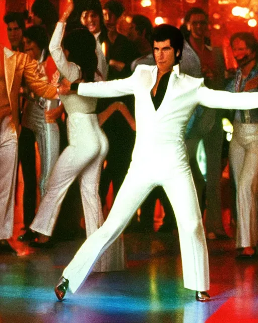 Prompt: john travolta as white suited tony manero in saturday night fever dancing at a disco with an multicolored illuminated floor, cinematic, 1 9 7 0 s style