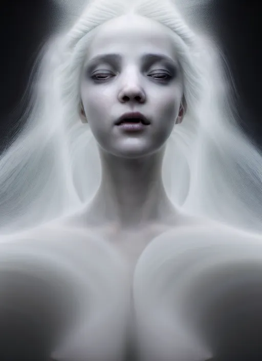 Prompt: delicate, dreamy, feminine, subsurface scattering, white, young beautiful bio - mechanical cyborg in cosmos long white hair floating in air, fluid smoke art, black and white, octane render, dino valls, mark ryden, joe fenton, michal karcz, highly detailed, rim light, art, cinematic lighting, very coherent, hyper realism, 8 k